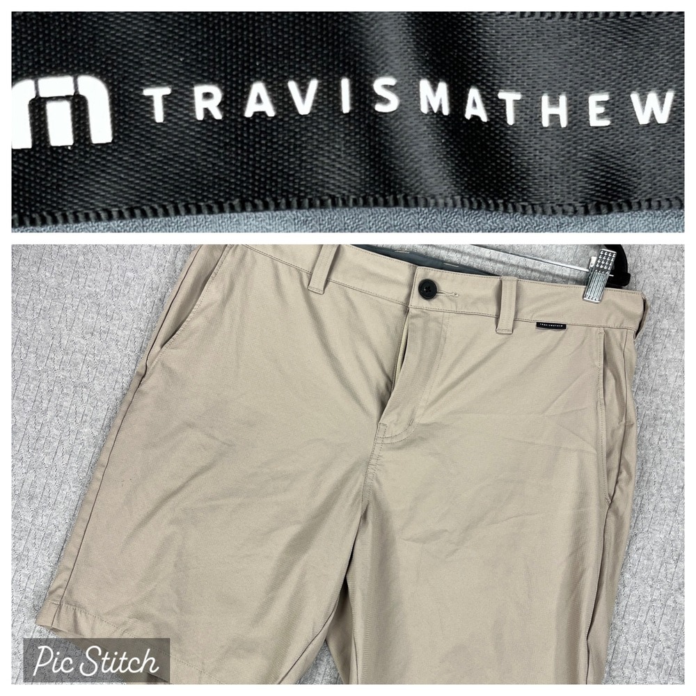 Travis Mathew Golf Dress Shorts Men 34 Tan Beck Performance Stretch Khaki Casual